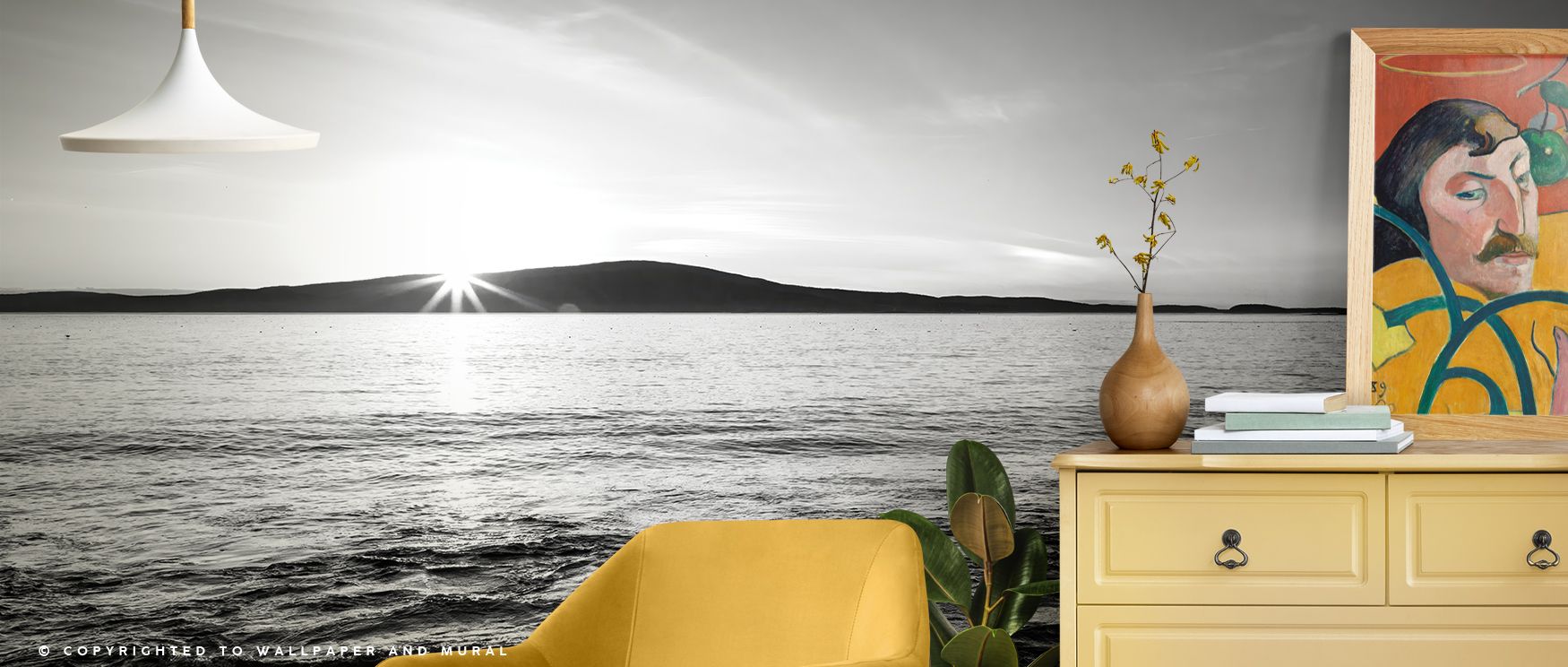 Scenic wallpaper design Frenchman Bay imagery enhances living rooms with inviting coastal charm where waters inspire serene artistic decor balancing natural tranquility with stylish cultural refinement effectively.