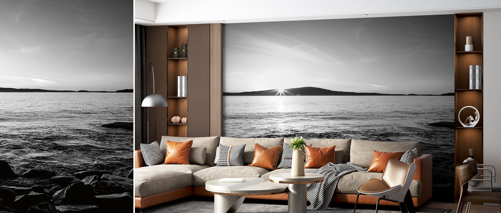 Frenchman Bay Scenic Wallpaper decorates living room interiors with serene coastal imagery where natural artistry transforms spaces with balance tranquility and cultural sophistication offering timeless stylish decor effectively.
