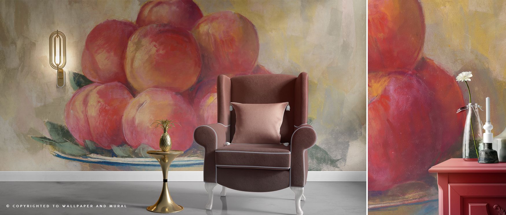 Fruit Bowl Scenic Wallpaper provides living rooms with cheerful engaging decor where colorful fruit imagery inspires inviting atmosphere filled with artistic refinement cultural charm and vibrant positivity creating stylish interiors effectively.