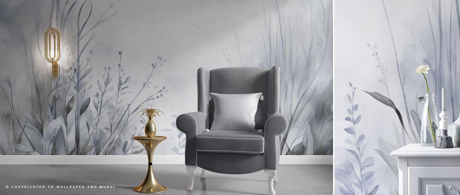Artistic wallpaper of Garden of Peace Blue Floral design enriches living rooms with serene imagery where blossoms in blue tones inspire engaging atmosphere filled with cultural refinement stylish tranquility and natural charm consistently.