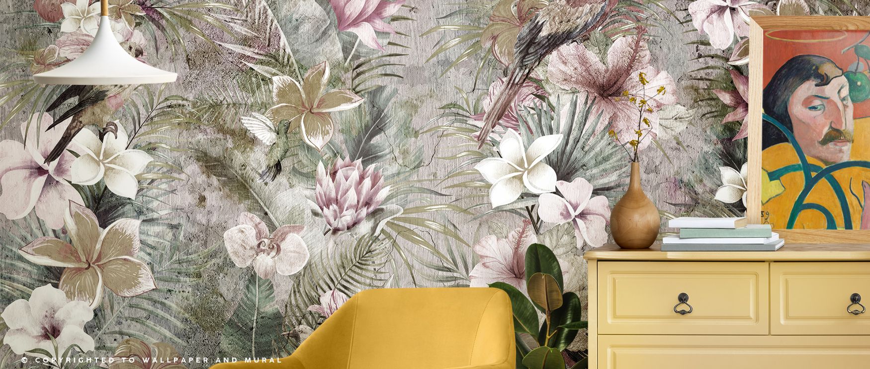 Artistic Garland Floral Wallpaper design enriches living rooms with refined botanical charm where garlands create graceful artistic backdrop inspiring atmosphere of elegance cultural refinement and natural stylish beauty consistently.
