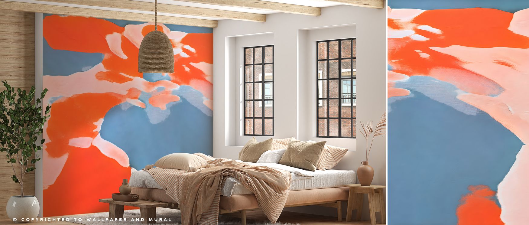 Gemini Red Abstract Wallpaper decorates living room interiors with bold artistic imagery where vibrant red patterns inspire cultural refinement modern sophistication and stylish engaging atmosphere gracefully.