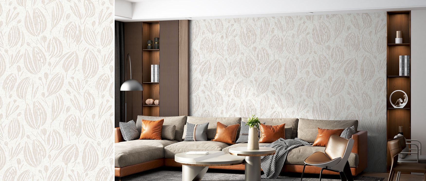 Gent Sand and White Tonal Wallpaper decorates living rooms with artistic tonal imagery where refined sand and white palette enriches decor with balance charm and cultural sophistication providing calm stylish atmosphere effortlessly.
