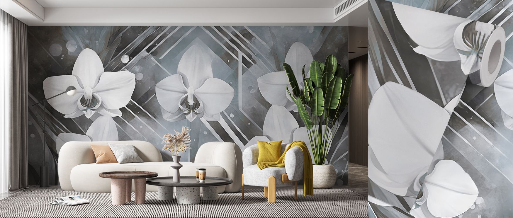 Wallpaper design Geometry and Orchids Blue enriches bedrooms with calming artistry where floral details and structured shapes inspire restful sanctuary filled with cultural refinement stylish charm and creative elegance harmoniously.