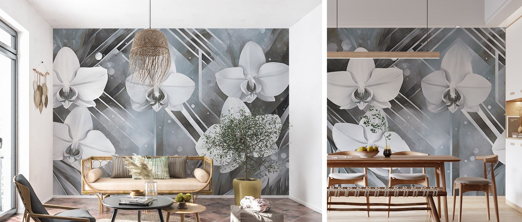 Geometry and Orchids Blue Wallpaper enriches bedrooms with inspiring restful sanctuary where floral geometric blend creates elegant decor filled with cultural artistry stylish tranquility and refined balance offering modern calm interiors beautifully.