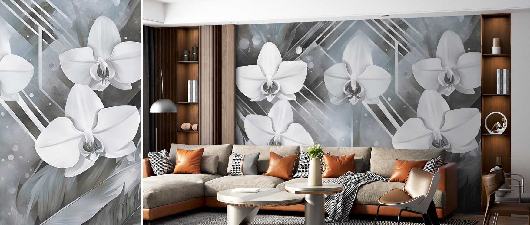 Geometry and Orchids Blue Wallpaper decorates living rooms with creative artistic imagery where geometry meets orchids providing atmosphere of stylish charm cultural refinement and refined elegance effectively.