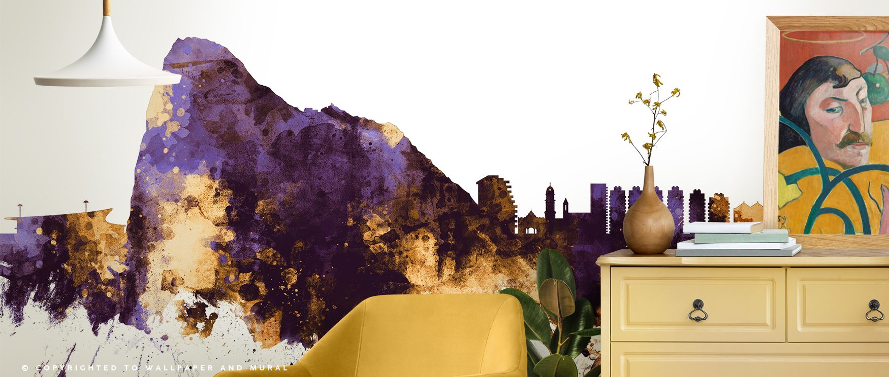 Bold skyline imagery defines the Gibraltar Skyline Purple & Gold Wallpaper, enriched in radiant tones. Its design conveys cultural charm, enhancing bedrooms, offices, or shared interiors with decorative refinement.