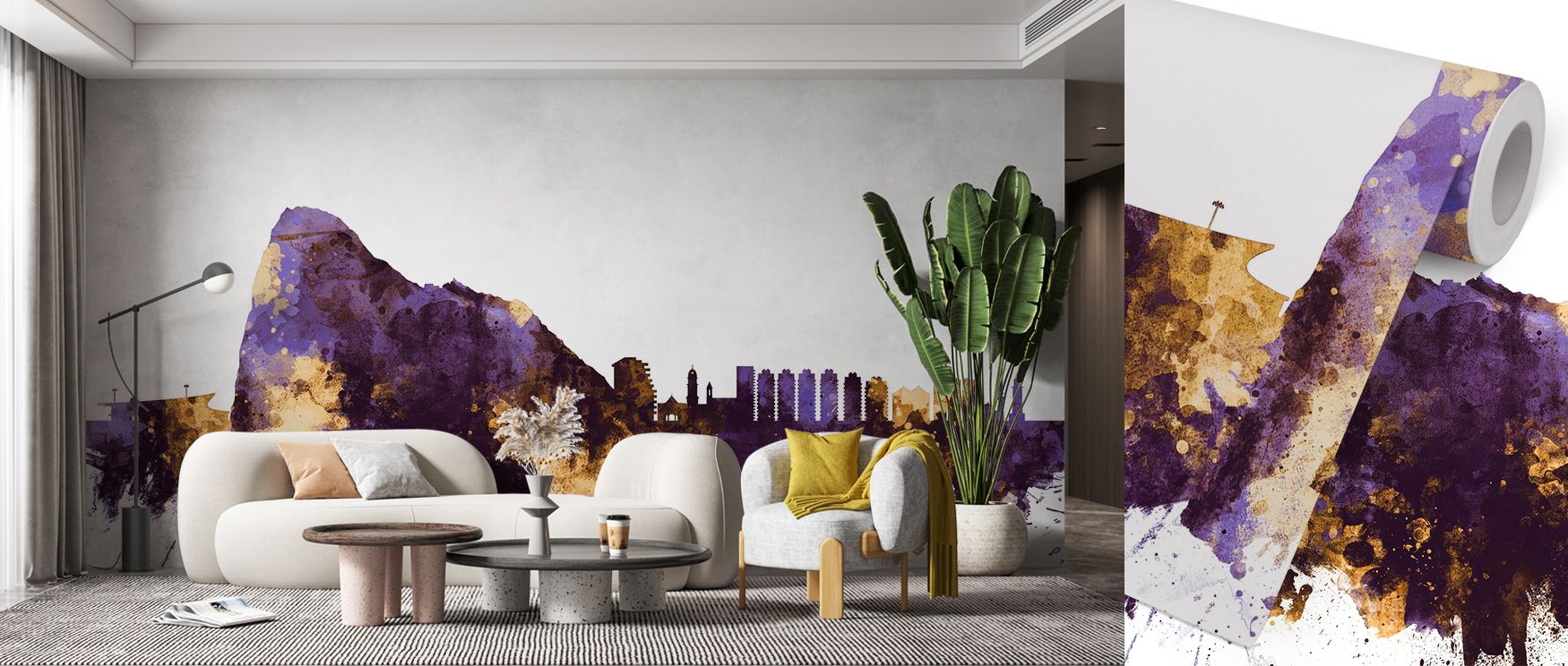 The Gibraltar Skyline Purple & Gold Wallpaper illustrates iconic forms enriched with tonal balance. Its design conveys cultural sophistication, enhancing bedrooms, offices, or shared interiors with stylish decorative charm.