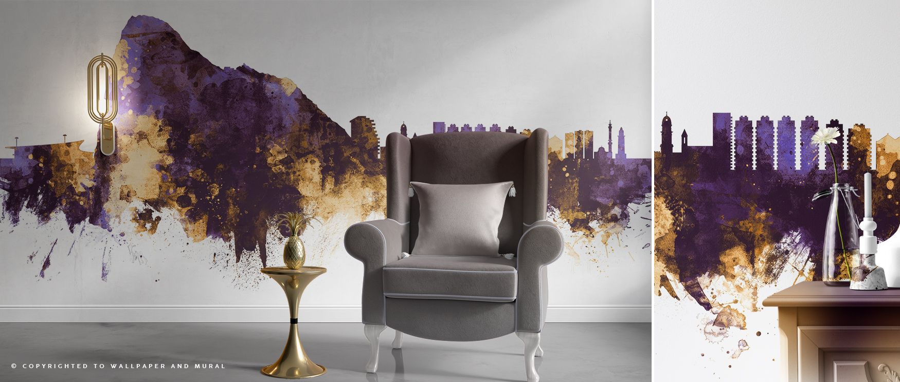 Gibraltar Skyline Purple & Gold Wallpaper embodies urban elegance with silhouettes arranged in luminous tones. Its design conveys refinement, uplifting bedrooms, offices, or living areas with decorative cultural artistry.