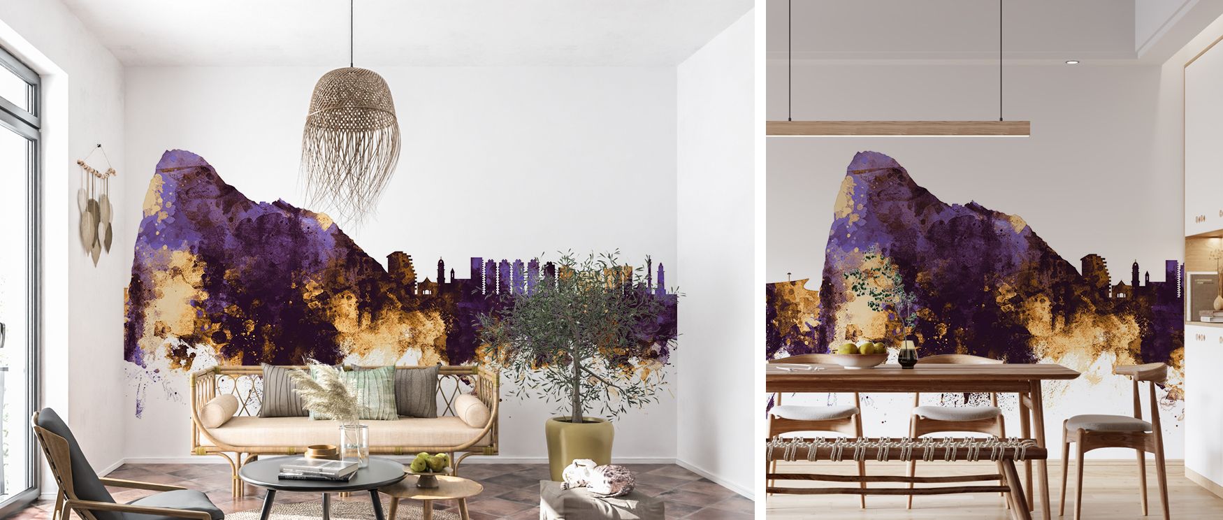 Gibraltar Skyline Purple & Gold Wallpaper captures architectural rhythm with contrasting tones. Its design reflects refinement, uplifting bedrooms, offices, or living rooms with stylish decorative artistry.
