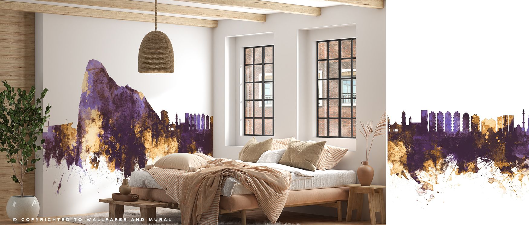 The Gibraltar Skyline Purple & Gold Wallpaper emphasizes European charm with radiant tones. Its design conveys cultural balance, enriching bedrooms, offices, or shared interiors with decorative artistry and refinement.