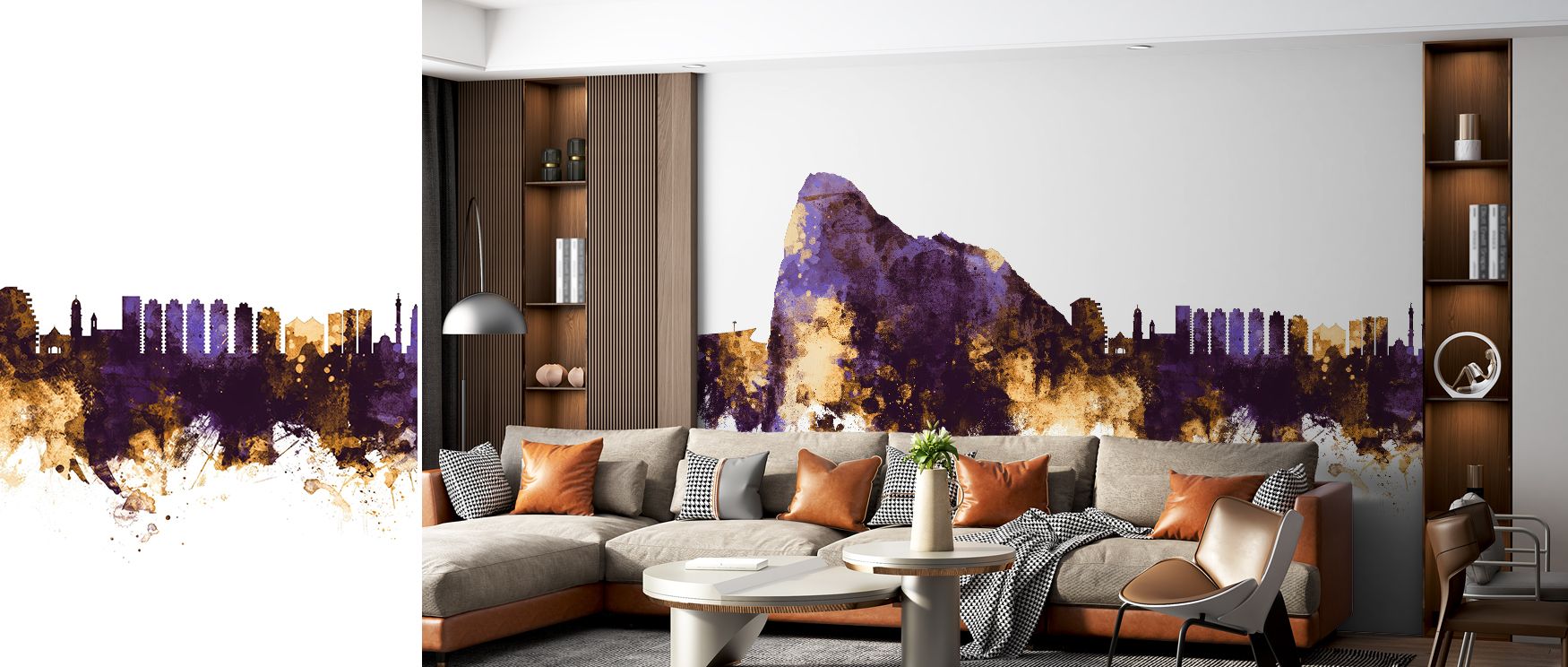 Gibraltar Skyline Purple & Gold Wallpaper conveys urban sophistication through luminous silhouettes. Its imagery reflects refinement, uplifting bedrooms, offices, or living areas with cultural artistry and stylish decorative balance.