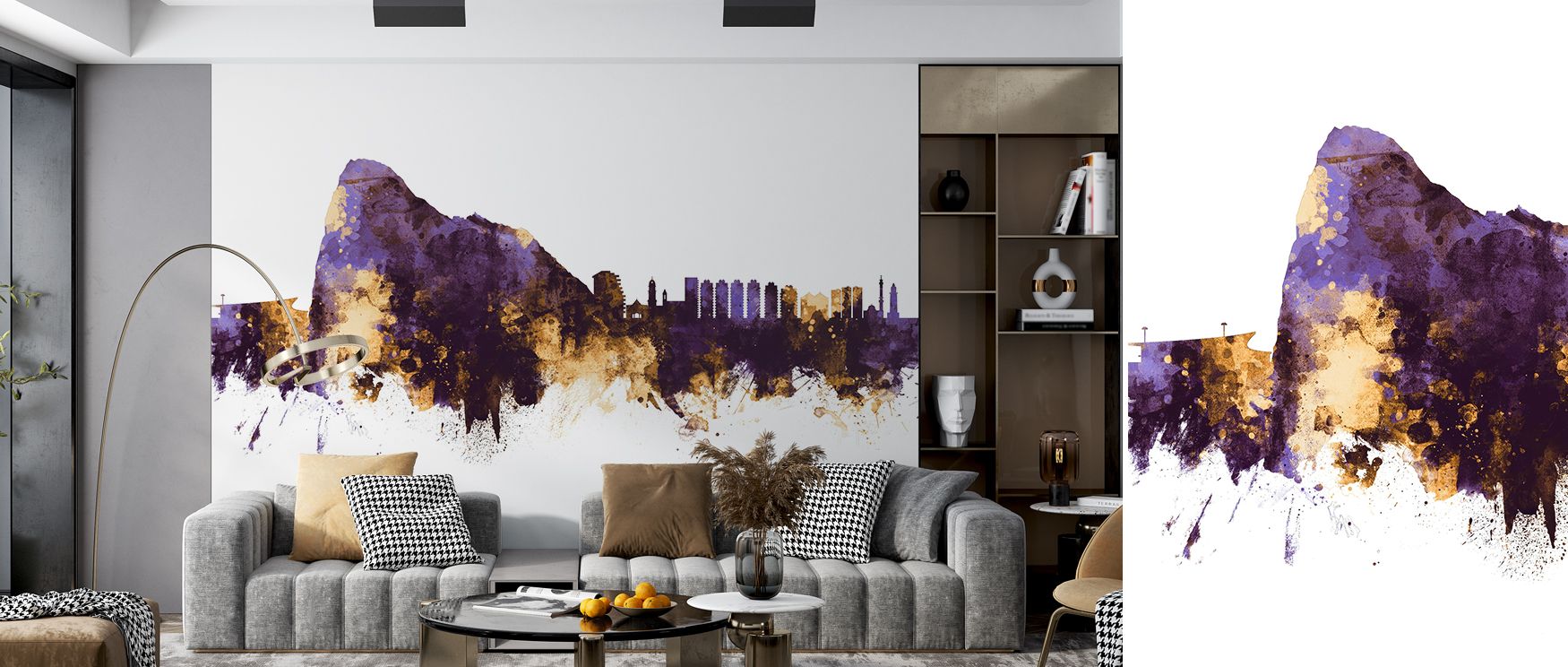 Expressive skyline imagery defines the Gibraltar Skyline Purple & Gold Wallpaper, highlighted in purple and gold. Its design conveys refinement, enriching bedrooms, offices, or shared interiors with decorative charm.