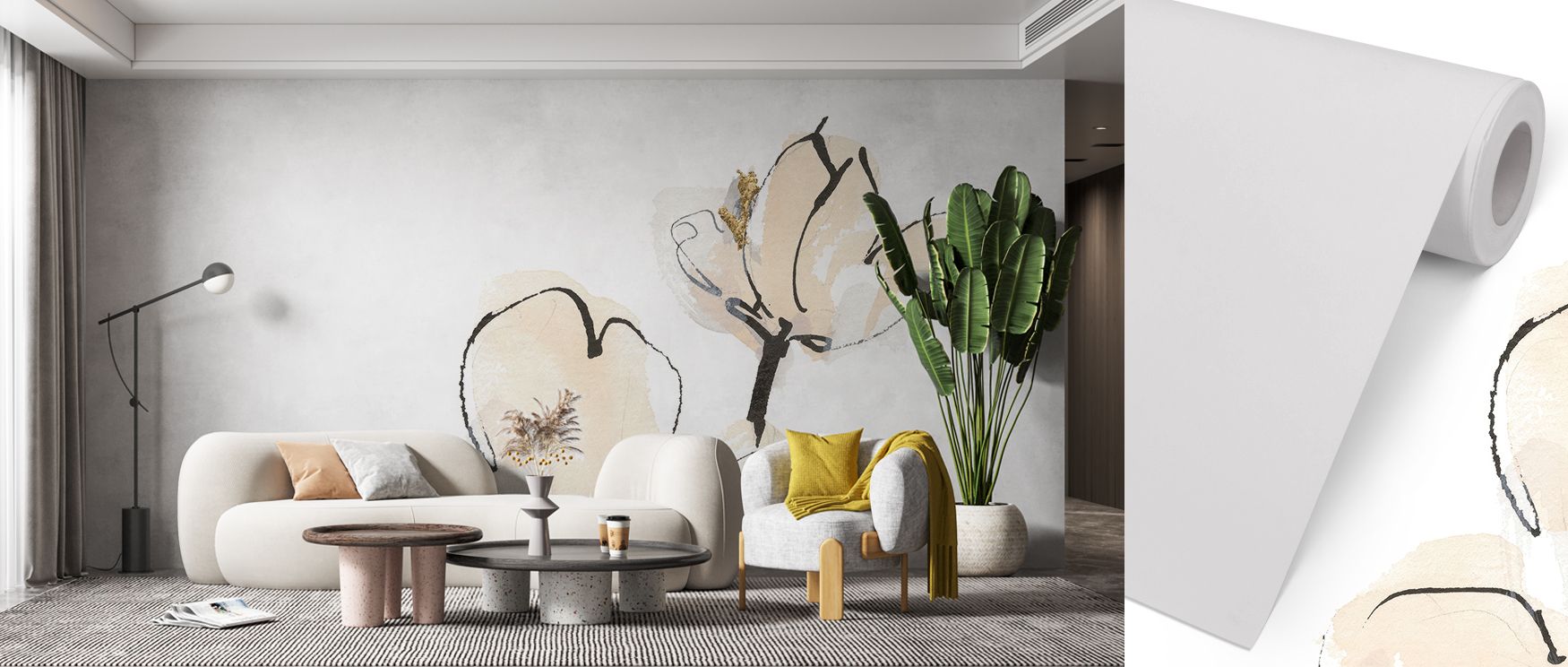 The imagery of magnolias painted in greige tones stretches across the wall with understated refinement, creating an interior that feels harmonious, soothing, and effortlessly chic while also introducing a subtle touch of natural artistry that transforms t