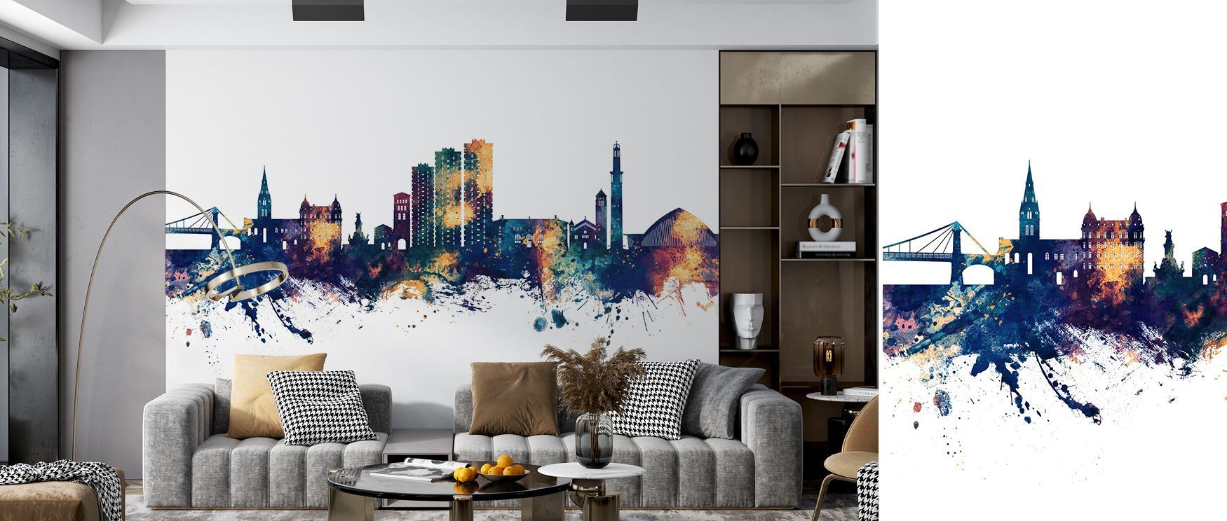 Detailed silhouettes of Grenoble in blue and bronze radiate urban charm, enriching walls with cultural significance while delivering a sophisticated atmosphere for offices, bedrooms, or living areas. 