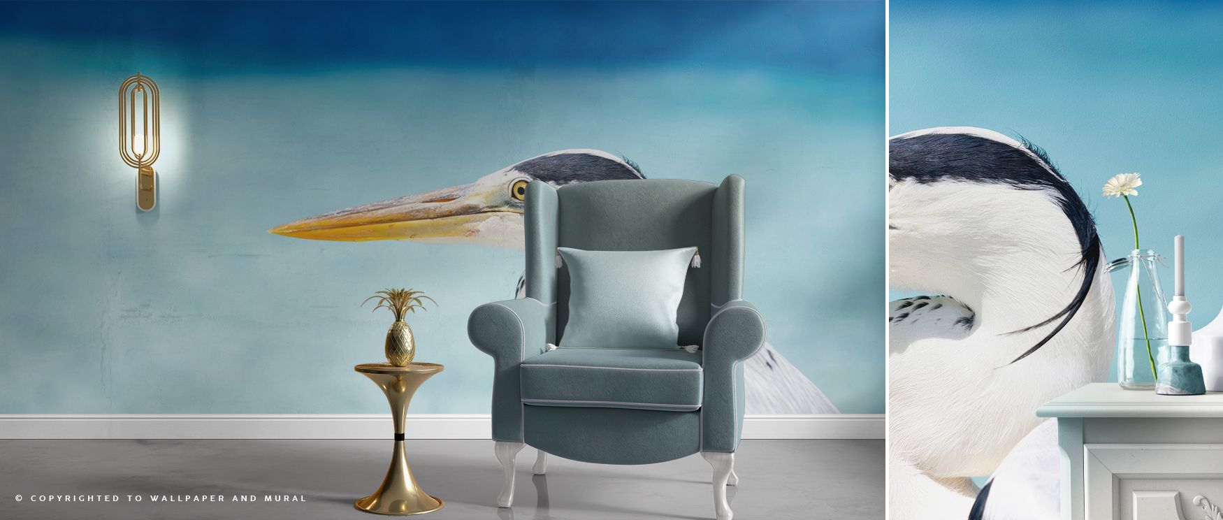 Herons illustrated with delicate artistry create a tranquil backdrop that radiates sophistication, transforming rooms into calming spaces perfect for relaxing or working. 