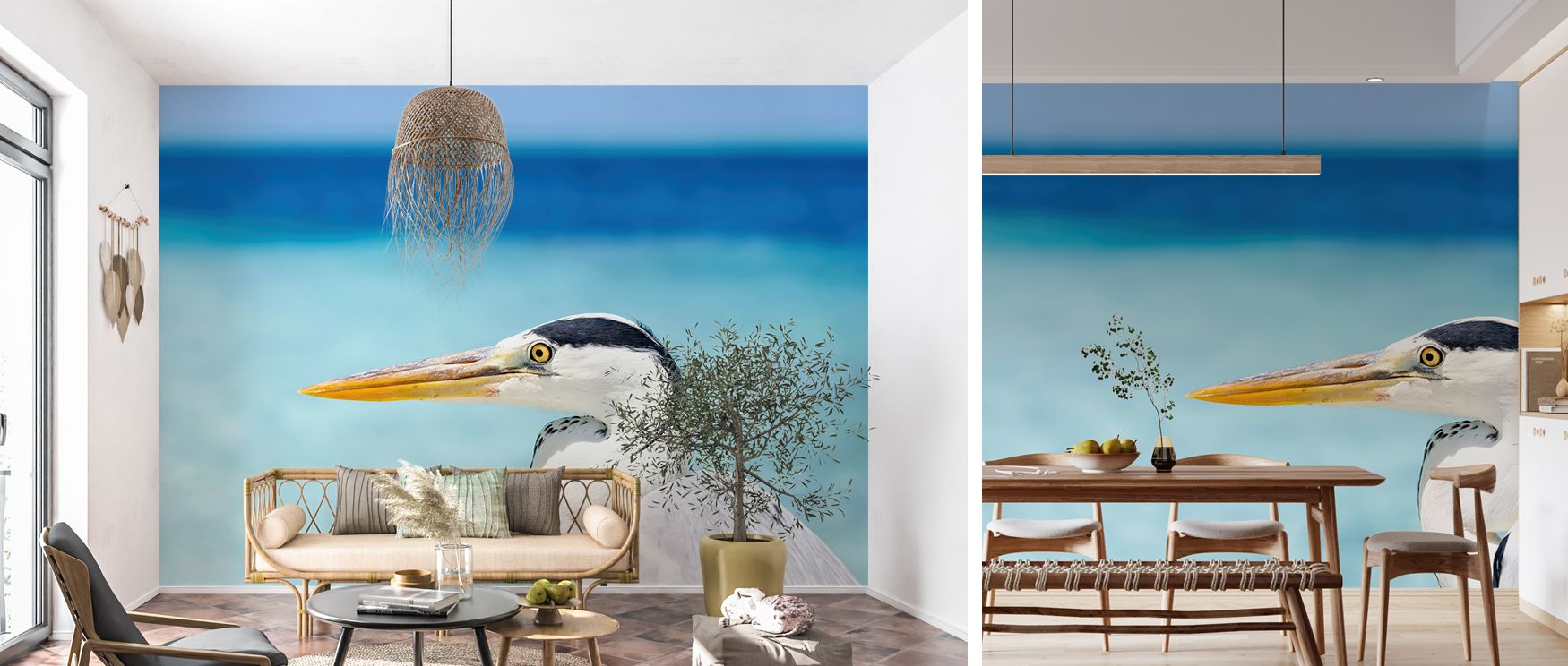 Gentle depictions of herons by water in muted tones create a wallpaper that embodies peace and quiet elegance, ideal for turning bedrooms or offices into refreshing retreats. 