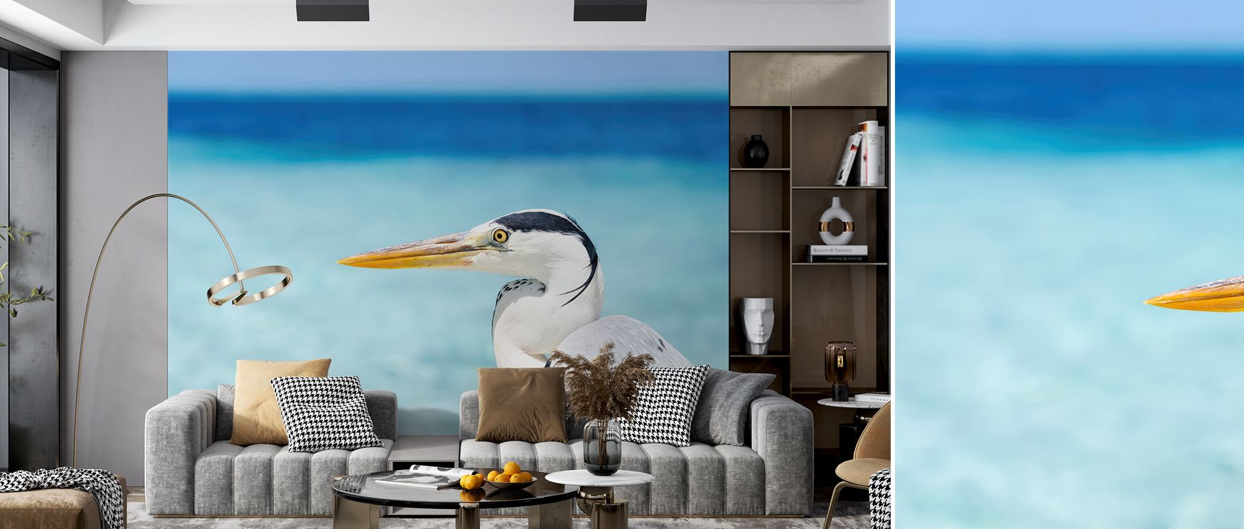 Heron figures rendered in delicate greys bring refinement to interiors, offering a natural calm that suits a variety of spaces, including offices, lounges, or restful bedrooms. 