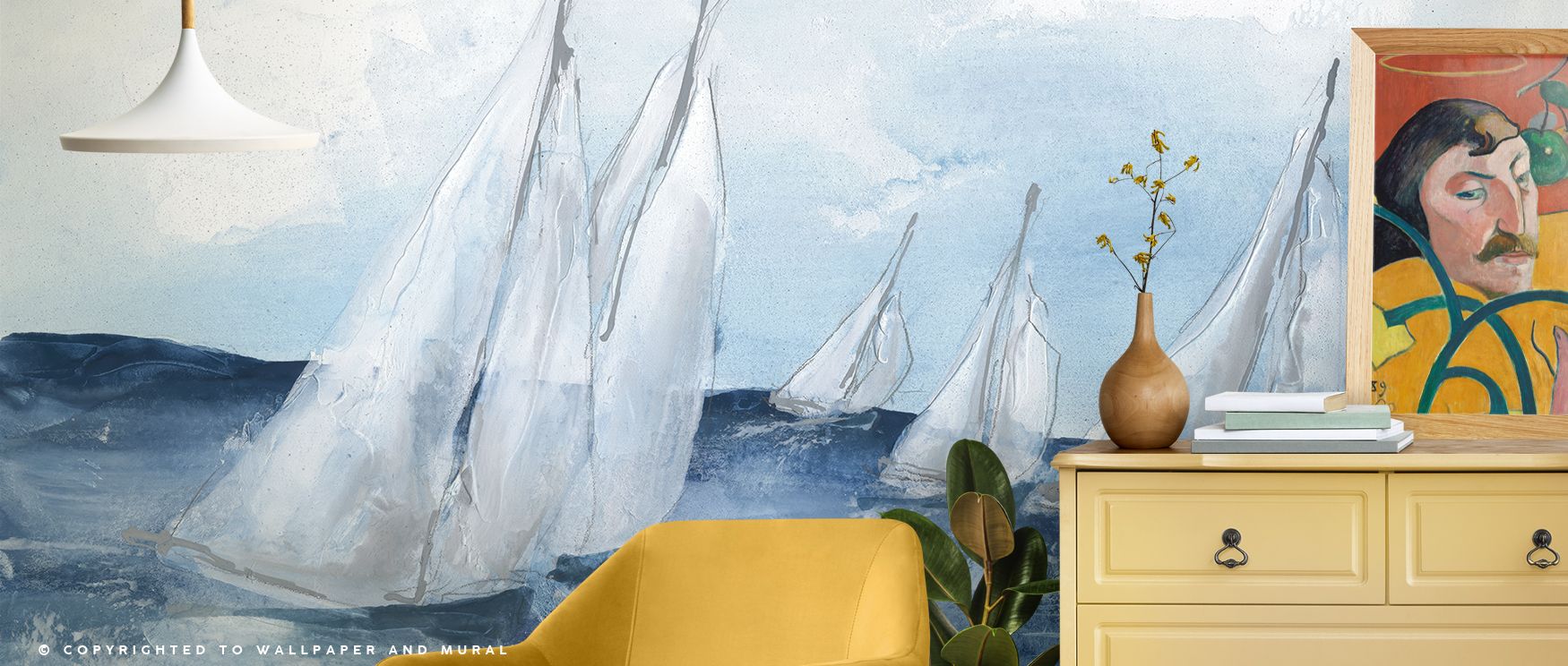 Multiple sailboats riding waves in formation are illustrated with energy and grace, giving walls a sense of motion and excitement that enriches interiors with nautical artistry. 