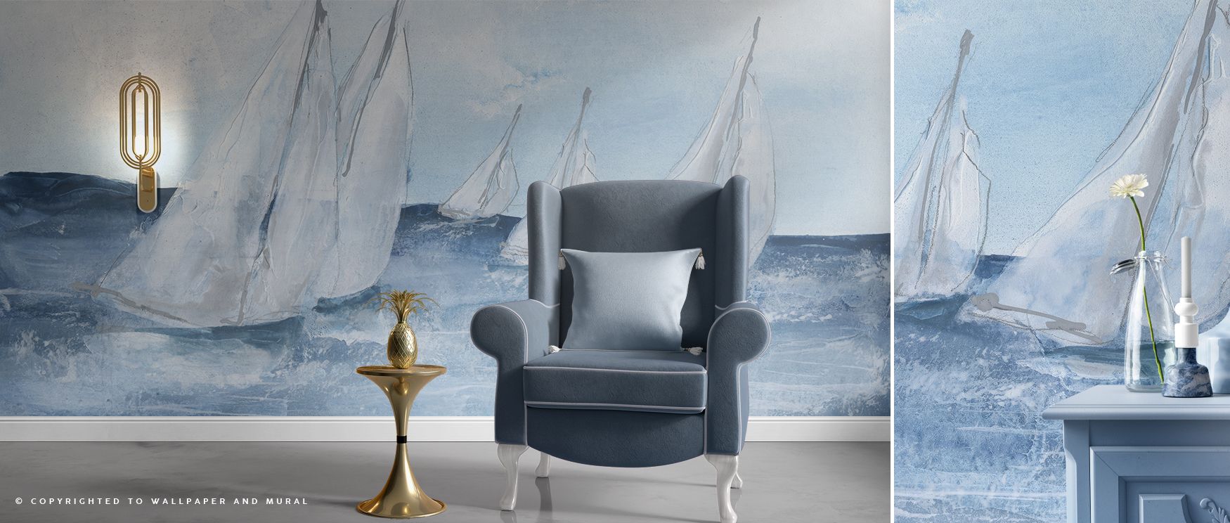 With artistic renderings of sailboats and waves, the wallpaper radiates motion and sophistication, transforming living rooms, studies, or bedrooms into coastal-inspired retreats. 