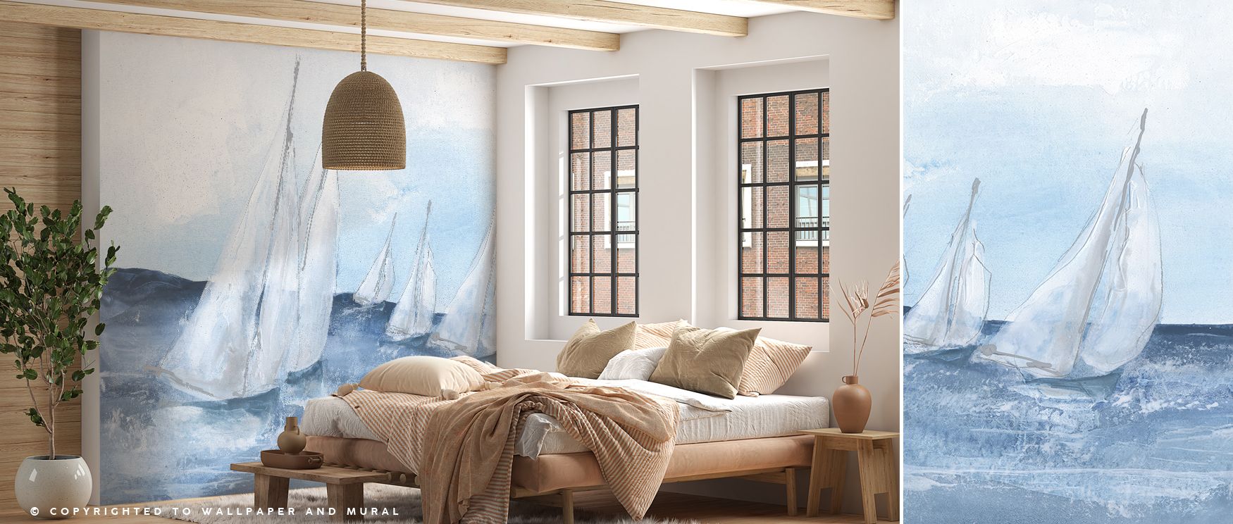 Waves and boats move rhythmically across the design, creating a lively backdrop that feels invigorating and stylish, perfect for nautical-themed living rooms or bedrooms. 