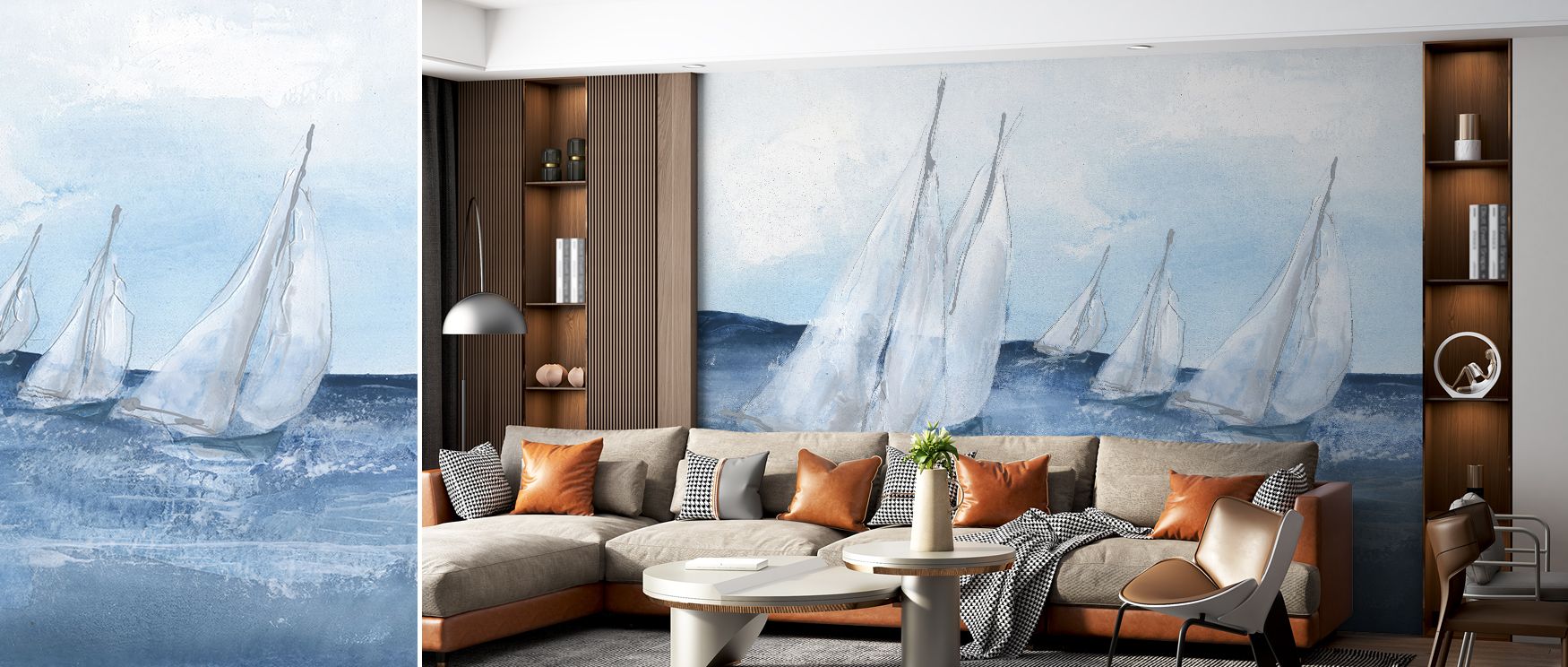 Graceful sails catching wind on stylized waters create visual drama, turning walls into backdrops filled with coastal beauty suitable for offices or leisure spaces. 