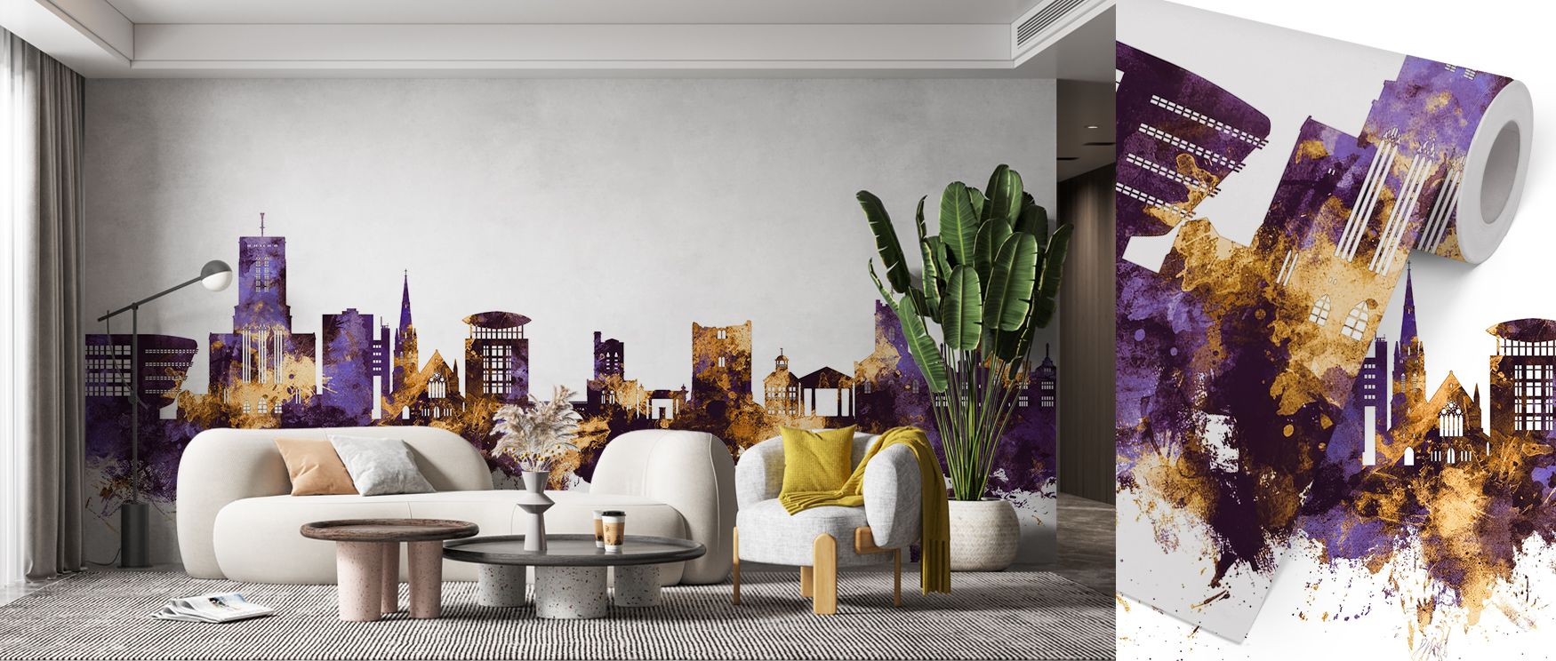 The Guildford skyline unfolds in artistic purple and shimmering gold across the wallpaper, turning walls into bold cultural statements that enrich bedrooms or offices with charm. 