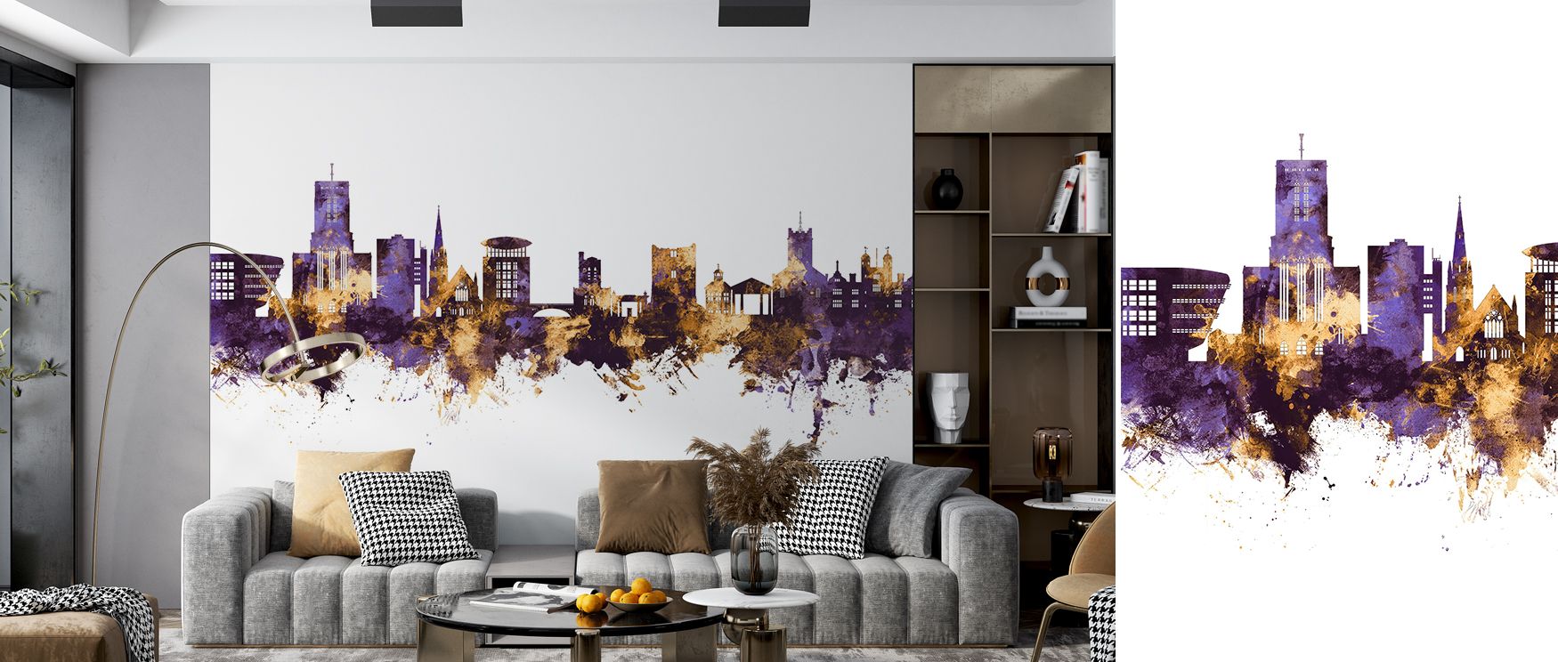 With detailed architectural outlines in purple and gold, the wallpaper offers cultural resonance and decorative sophistication, enriching both traditional and modern spaces. 