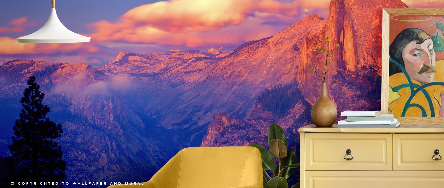 Soft sunlight cascades over Half Dome, casting golden warmth that enhances the cliffs with a majestic glow. The expansive backdrop conveys both serenity and power, making it ideal for interiors where tranquility is essential. Bedrooms gain calming retreat