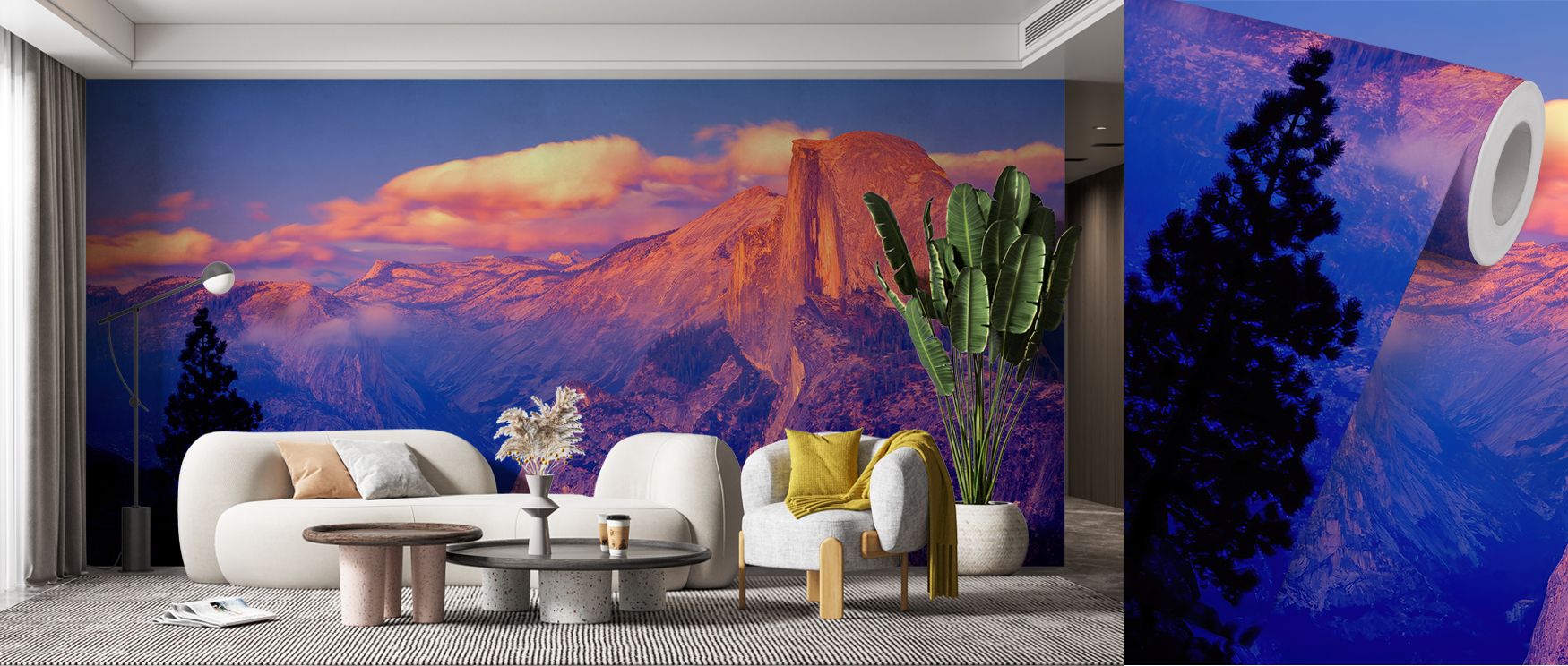 The image of Half Dome basking in sunlight captures the perfect balance of grandeur and tranquility, making walls feel open and inspiring. Rich light warms the stone cliffs, while the expansive sky adds airiness that enhances the atmosphere of interiors. 