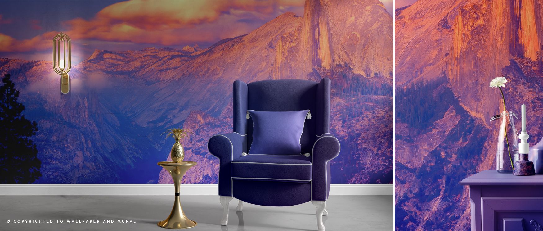 Bathed in falling sunlight, the monumental form of Half Dome radiates natural magnificence, filling interiors with calm majesty. The design carries warmth through golden tones, balanced with the rugged strength of stone textures. This scenic wallpaper enr
