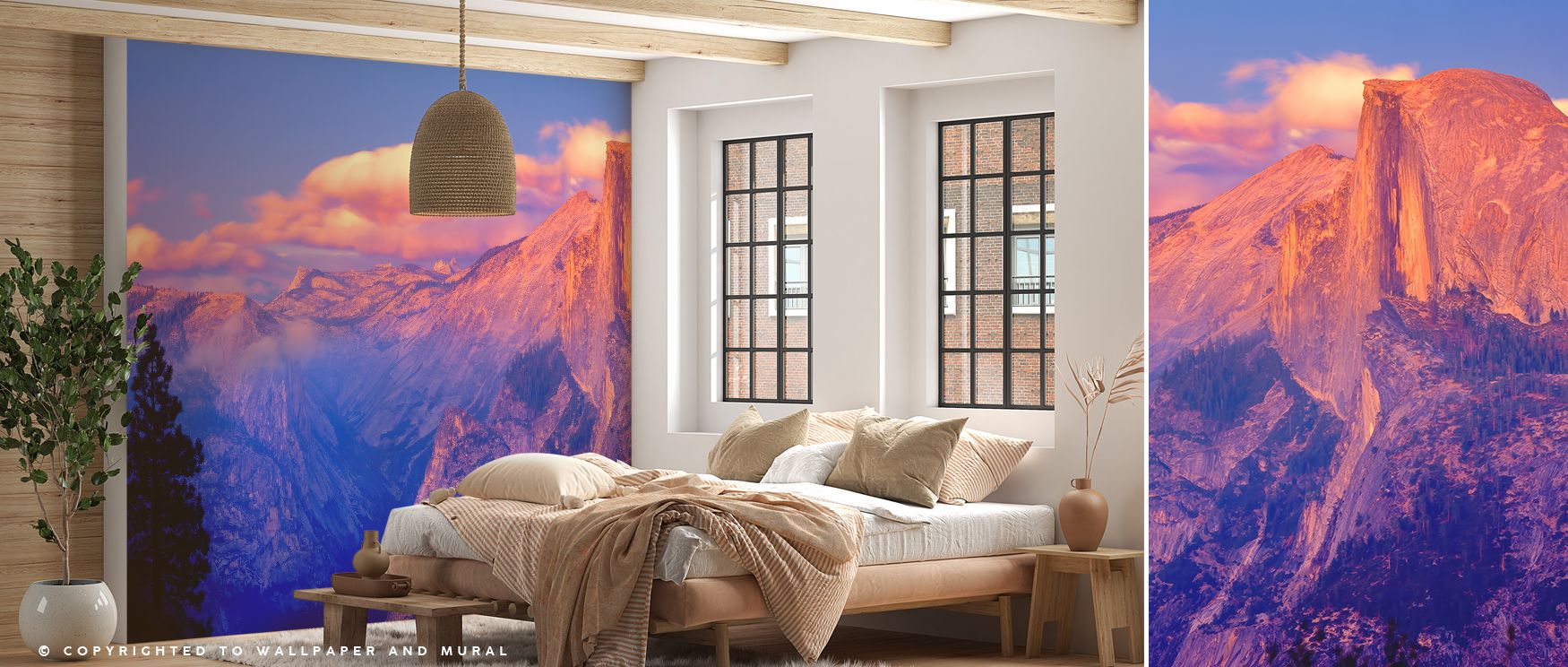 The grandeur of Half Dome shines under golden sunlight, spreading warmth and balance across interiors. Its composition blends natural textures with luminous light, enriching bedrooms with restfulness, living rooms with scenic wonder, and offices with focu