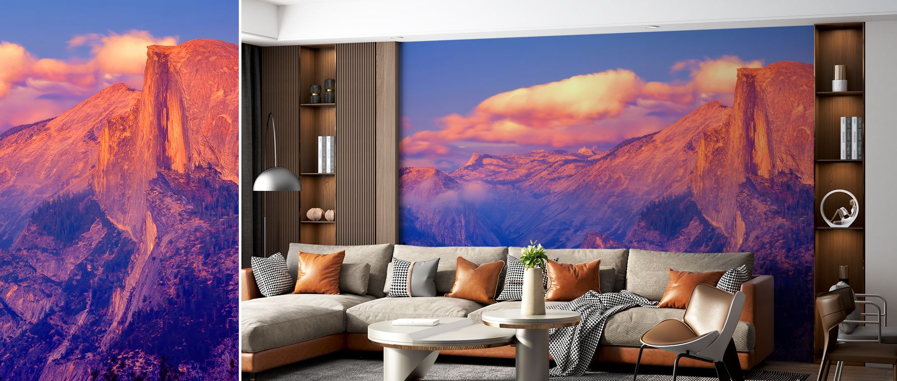 As light falls over Half Dome, its rugged cliffs soften with golden hues, inspiring interiors with calm grandeur. This wallpaper adds depth and openness to rooms, blending majestic natural presence with serene warmth. Bedrooms gain peaceful retreat qualit