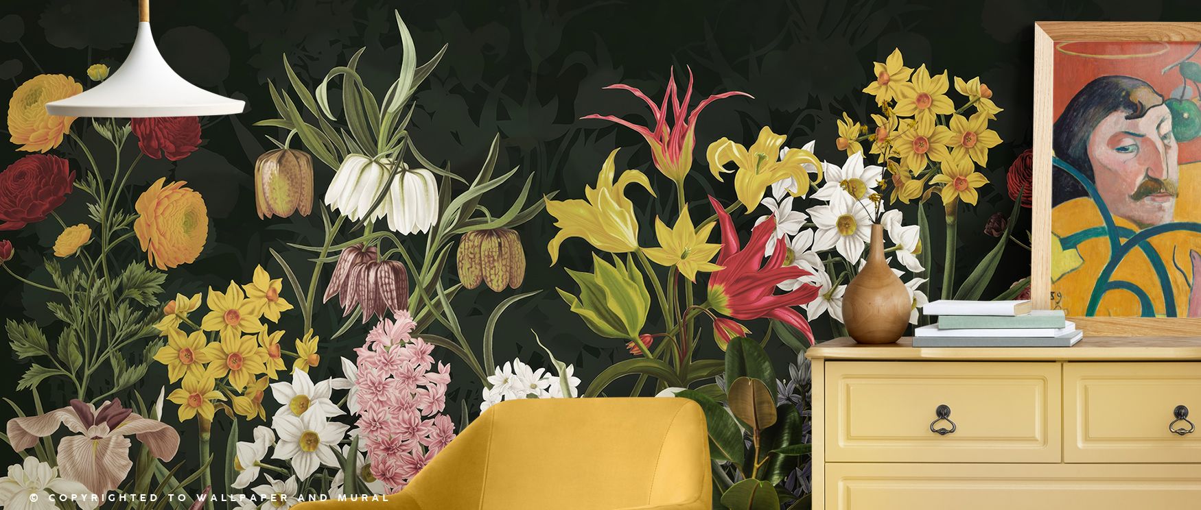Joyful blossoms stretch across the wallpaper in radiant spring hues, filling interiors with cheer and charm. Their arrangement feels natural and rhythmic, giving balance to vibrant colors. Bedrooms become cheerful retreats, dining spaces glow with welcomi