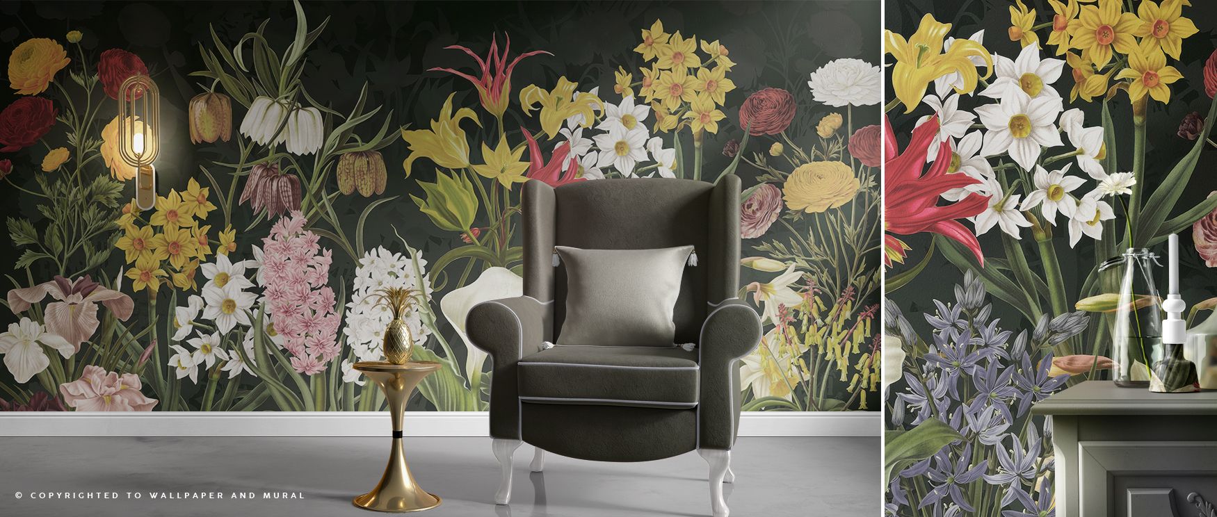 Floral patterns filled with springtime energy spread across the wallpaper, creating walls alive with brightness and charm. Blossoms flow naturally, adding rhythm that enhances bedrooms, dining rooms, and living spaces. The palette radiates positivity, ens