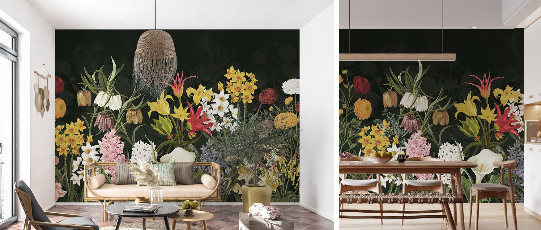 Blossoms painted in bright spring colors flow gracefully across the wallpaper, enlivening interiors with joy and warmth. The floral rhythm ensures balance, making walls feel alive without overpowering. Bedrooms gain cheerfulness, dining rooms glow with we