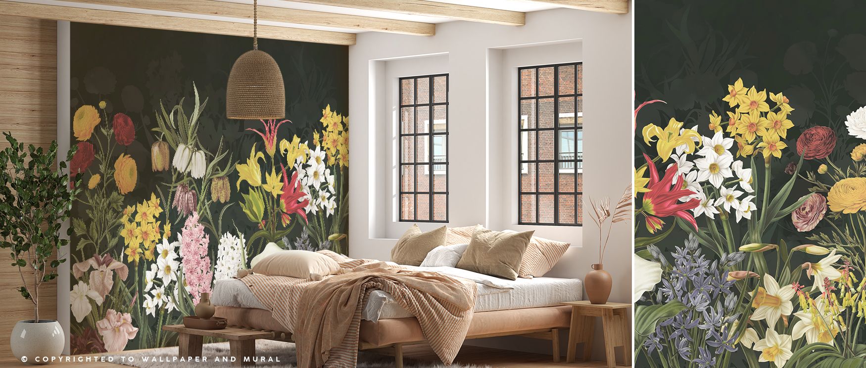 Spring flowers bloom with joyful radiance across the wallpaper, creating interiors filled with warmth and charm. The blossoms flow in balanced rhythm, ensuring rooms feel uplifting and inviting. Bedrooms become cheerful havens, dining areas glow with cele