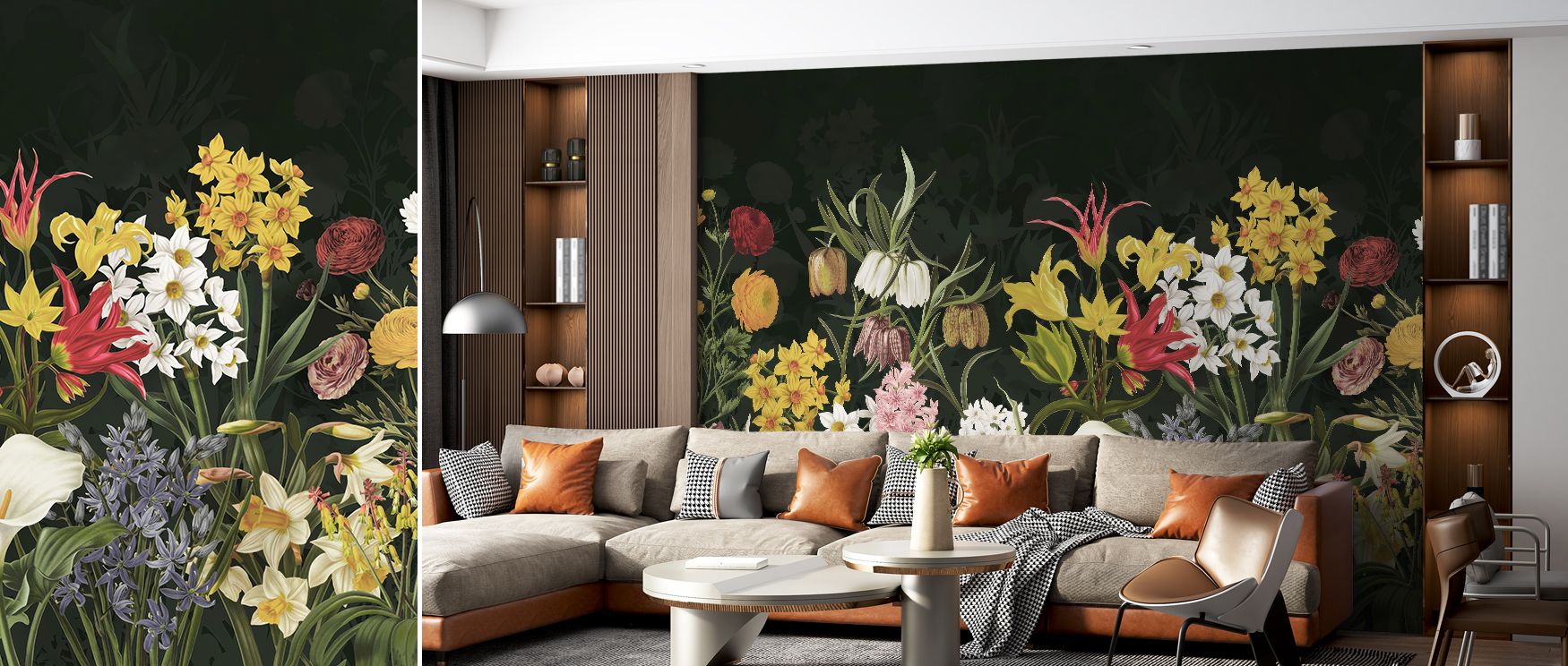 Across the wallpaper, floral patterns burst with bright spring colors, delivering cheer and charm to interiors. The blossoms are arranged in a flowing rhythm, giving walls balance and life. Bedrooms feel fresh and joyful, dining spaces glow with warmth, a
