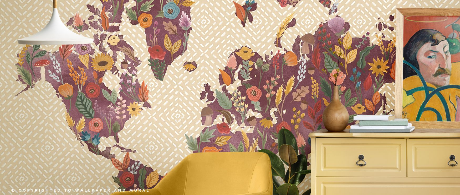 Rich tones of fruits and botanical patterns combine to create a wallpaper filled with vitality, turning interiors into refreshing spaces that celebrate abundance and charm, enriching kitchens, dining areas, or living rooms with imagery that feels both art