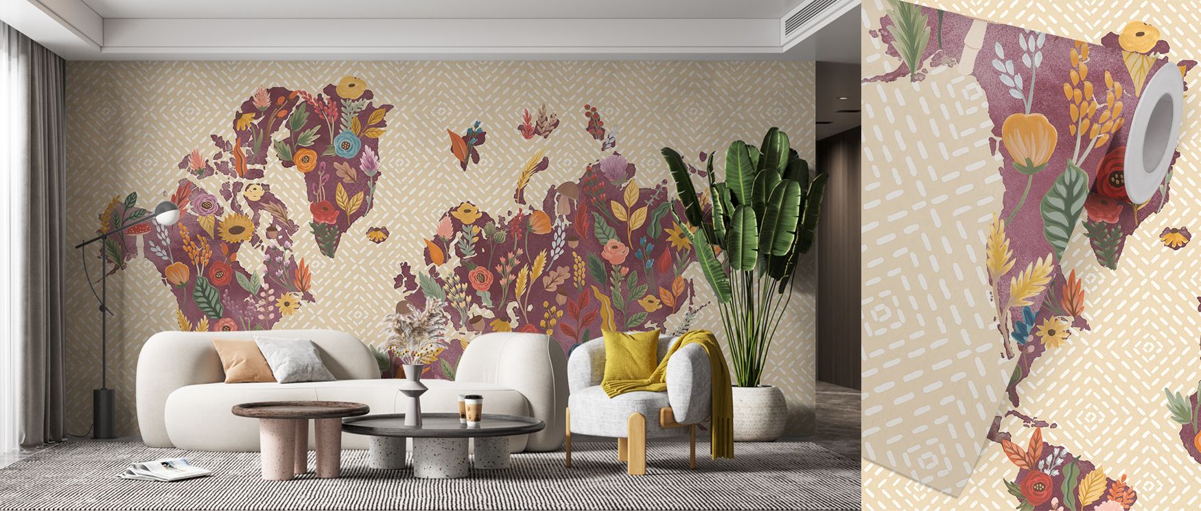 Fruits and flowers illustrated in balanced botanical tones spread gracefully across the wallpaper, filling interiors with warmth and freshness while turning plain walls into visual celebrations of seasonal abundance, making kitchens, lounges, and dining a
