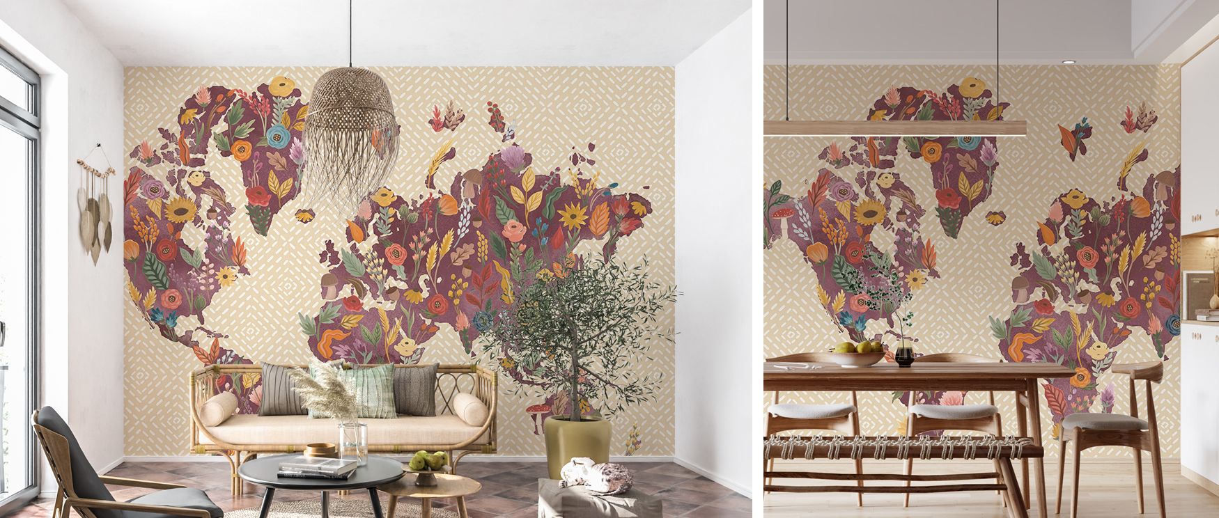 Botanical artistry of fruits, florals, and greenery stretches with elegance across the wallpaper, transforming interiors into places filled with freshness and charm, enhancing walls in kitchens, dining spaces, or living areas with the imagery of seasonal 