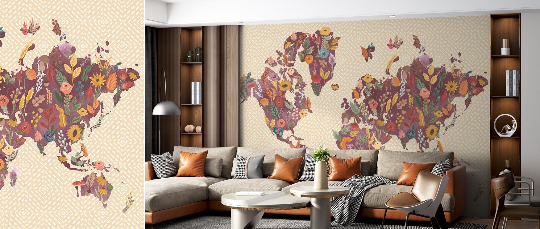 The wallpaper’s detailed imagery of produce and florals creates an interior atmosphere of richness and harmony, filling walls with vibrant natural motifs that transform spaces such as kitchens, lounges, or dining areas into lively retreats filled with fre