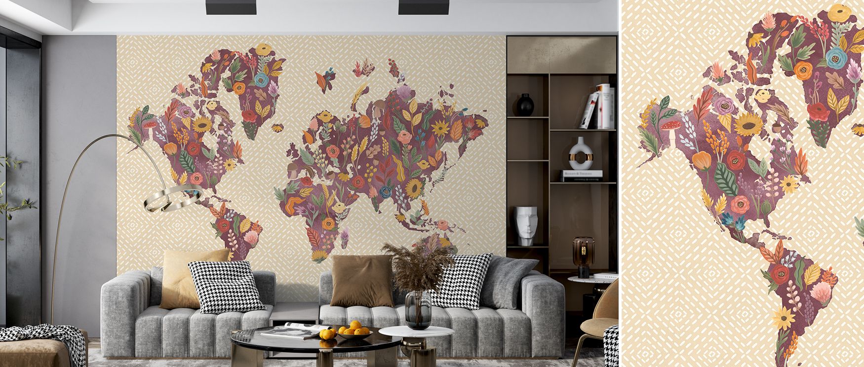 Fruits and botanicals flow gracefully across the wallpaper, each detail adding warmth and elegance to interiors, making kitchens, dining rooms, or living areas feel enriched with vitality and charm, turning ordinary walls into lush seasonal backdrops fill