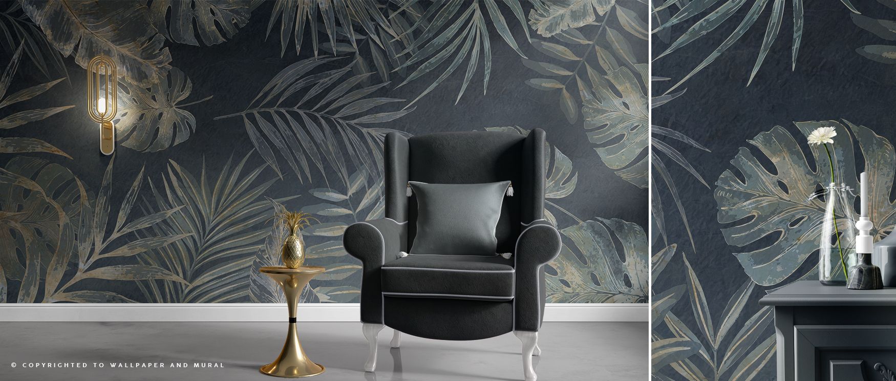 Forest imagery rendered in soft tones spreads across the wallpaper, turning interiors into calm and restful spaces where bedrooms, living areas, or offices gain artistic charm and tranquility from woodland compositions filled with beauty and refinement. 
