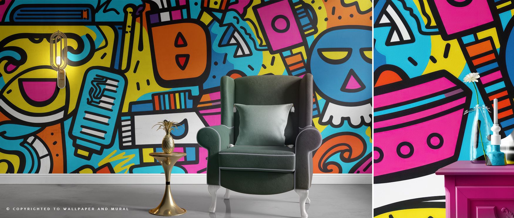 Robots depicted in bright cheerful colors add imagination and playfulness to interiors, turning walls in nurseries, bedrooms, or playrooms into vibrant backdrops of creativity and joy, filling spaces with charm, energy, and a playful spirit that inspires 