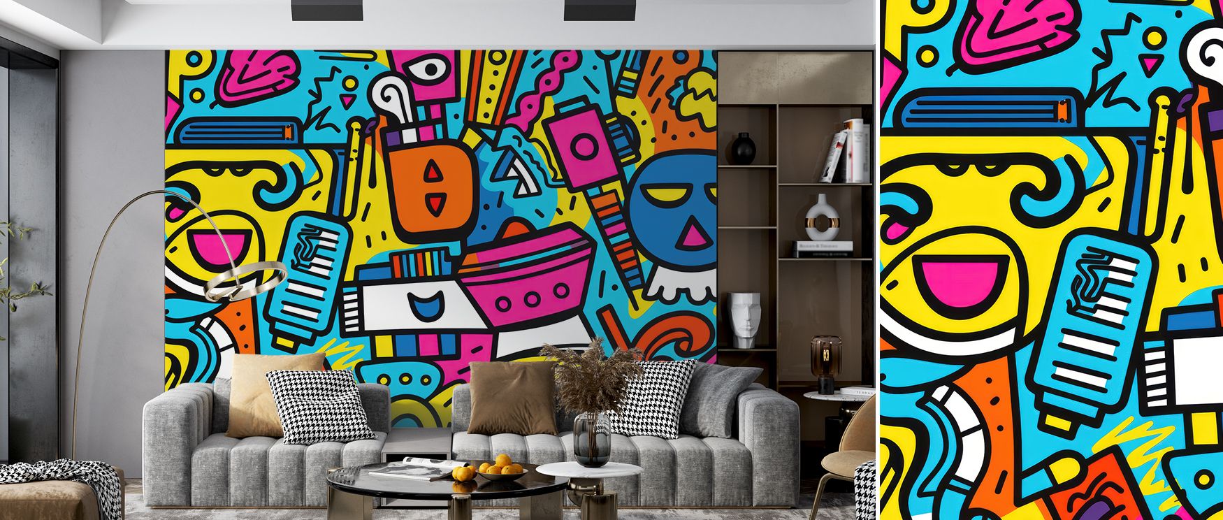 Robots depicted with whimsical charm in bright tones bring imagination and creativity into interiors, turning nurseries, playrooms, or bedrooms into spaces filled with fun, character, and lively artistry that inspires children’s playful spirit. 
