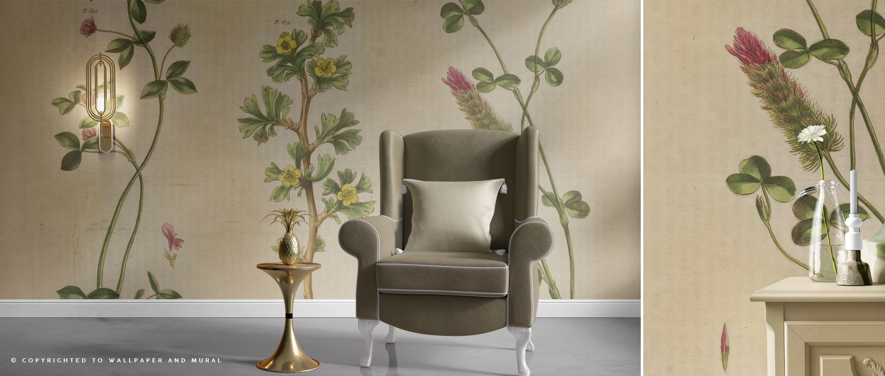 Delicate herbal motifs spread across the wallpaper in illustrated style, capturing timeless artistry and organic elegance. Interiors glow with calm refinement, bedrooms gain serene beauty, living rooms welcome gentle charm, and offices acquire peaceful fo