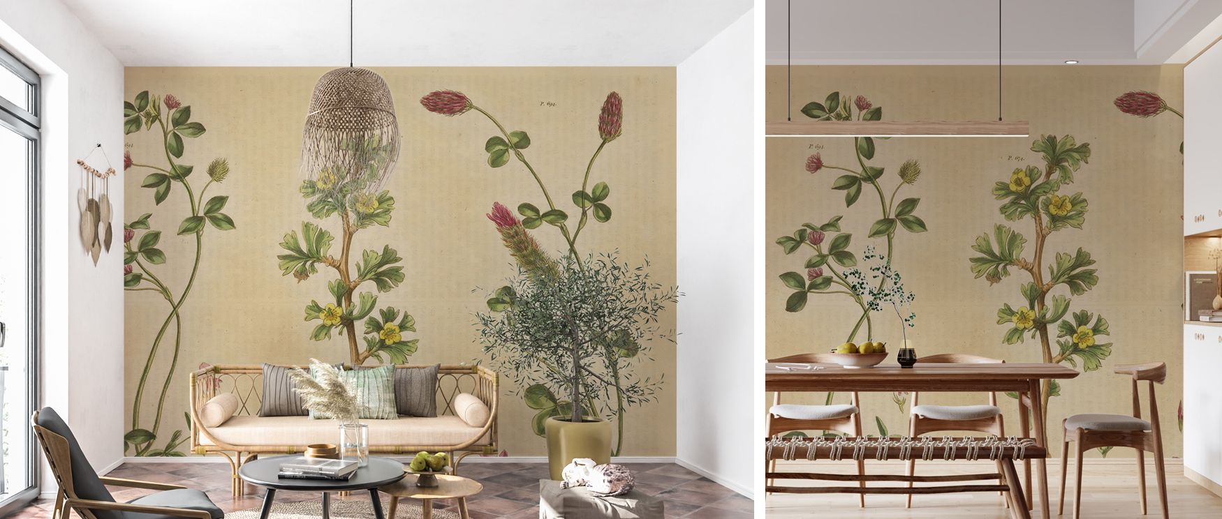 Graceful herbal drawings spread seamlessly across the wallpaper, enriching interiors with quiet sophistication. The detailed illustrations radiate organic charm, making bedrooms restful retreats, living rooms elegant sanctuaries, and offices refined space