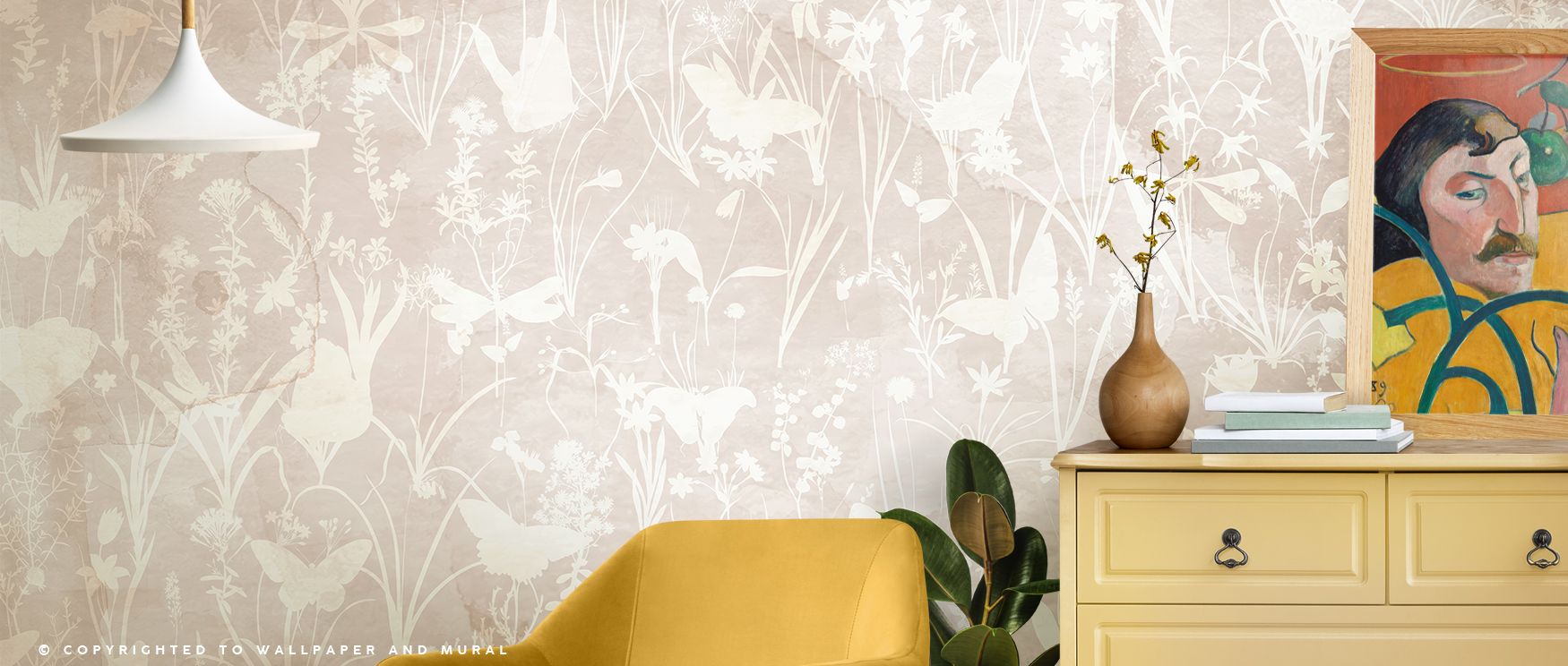 Across the wallpaper, botanical silhouettes pair with delicate butterflies, bringing calm artistry to interiors. The beige tones add refinement and versatility, ensuring bedrooms become restful havens, offices gain quiet elegance, and living rooms glow wi