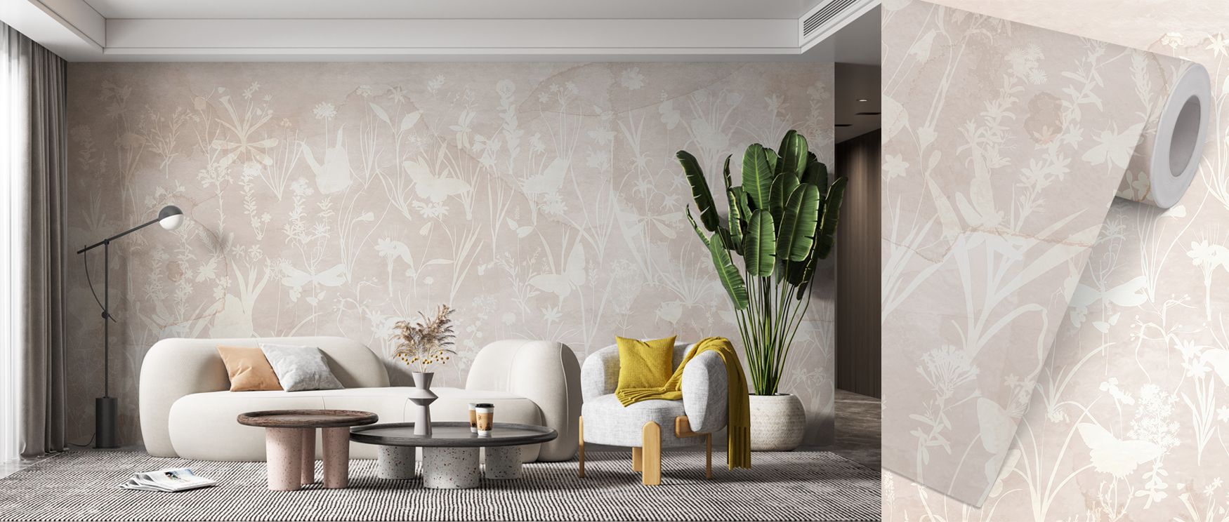 Soft silhouettes of herbs and butterflies flow across the wallpaper in beige tones, creating interiors with balance and calm beauty. Bedrooms glow with serenity, offices gain refined charm, and living rooms feel welcoming under its quiet elegance. The des